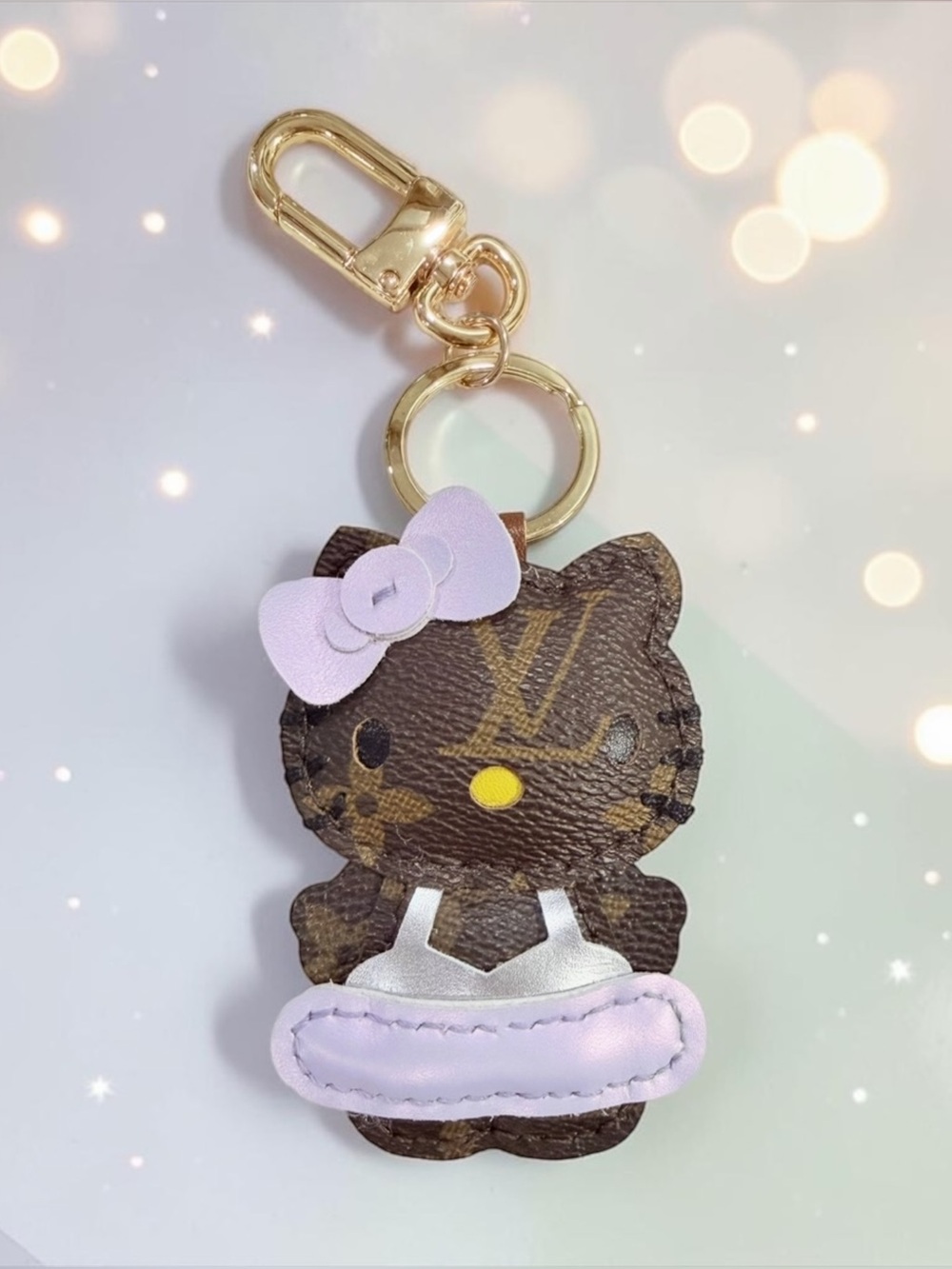 Handmade HK Style Upcycled Leatherette Keychain Charm in Brown and Lavender